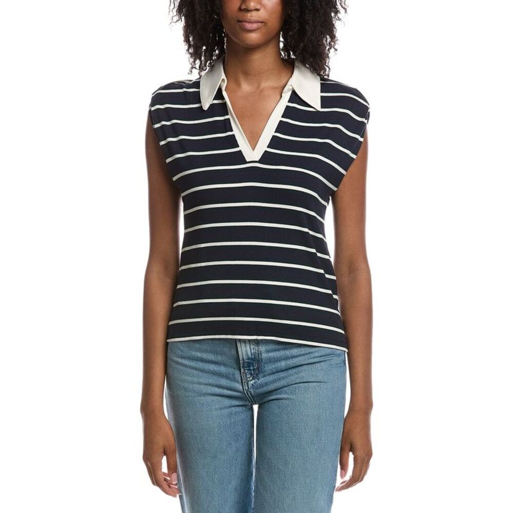 Michael Stars Womens  Ester Stripe Power Shoulder Polo Shirt, Green
